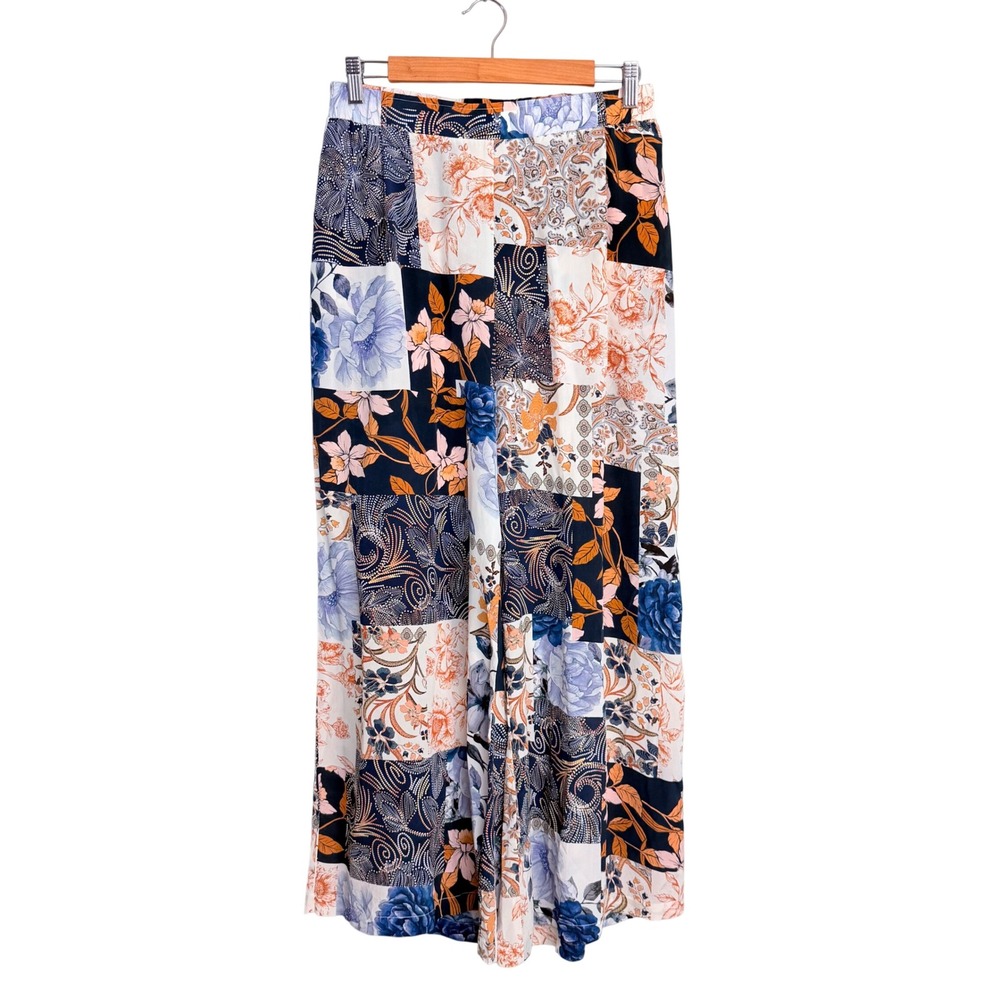 Johnny Was Jade 100% Silk Patchwork Floral Paisley Wide Leg Pants Navy Orange S